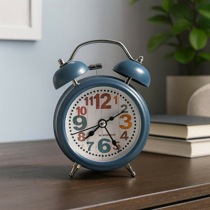 Vintage Twin Bell Alarm Clock with Loud Ring & Light, Blue Metal Finish