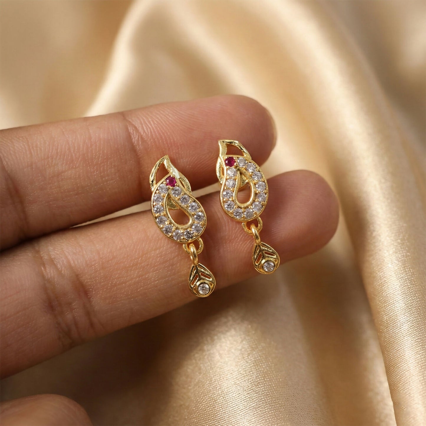 Traditional Gold Finish Paisley Earrings with Crystal & Ruby Touch