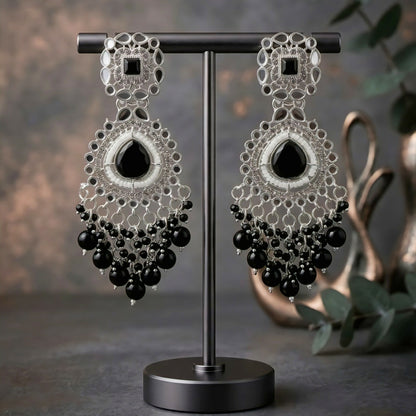 Elegant Oxidized Silver & Black Stone Chandbali Earrings