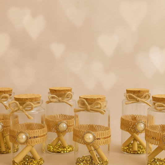 Set of 6 Decorative Message Glass Bottles with Cork Lid & Pearl Embellishment | Mini DIY Wish Bottles with Golden Fillings, Scrolls & Jute Bow | Handmade Gift Bottles for Home Décor, Return Gifts & Romantic Surprises