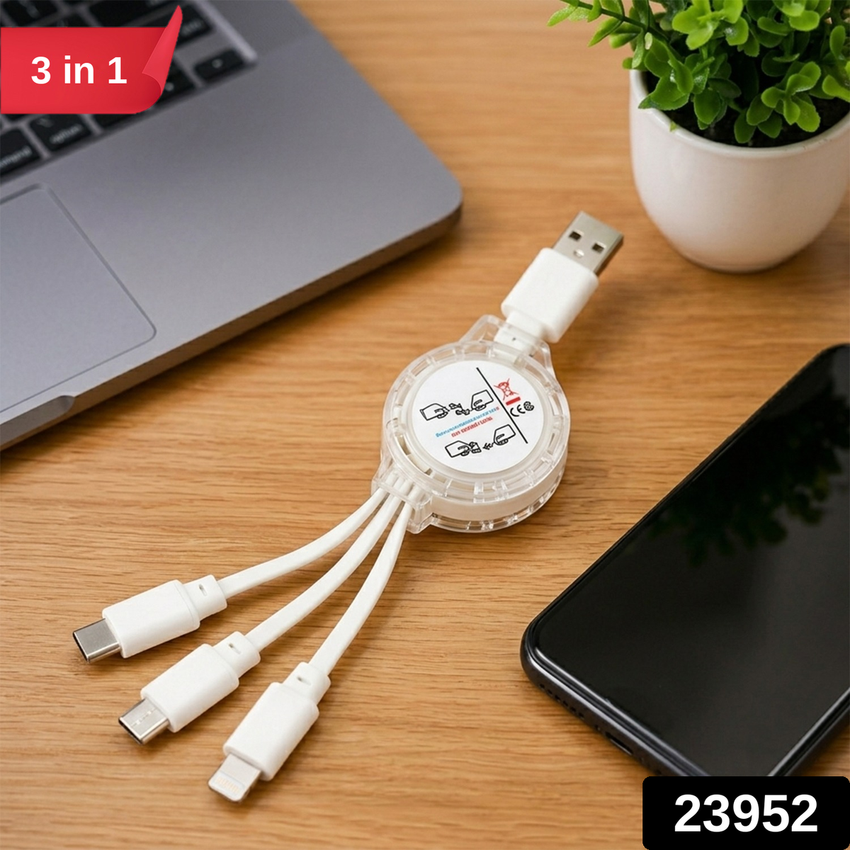 Retractable USB Charging Cable with Type-C, Micro USB and Lightning (3 in 1)