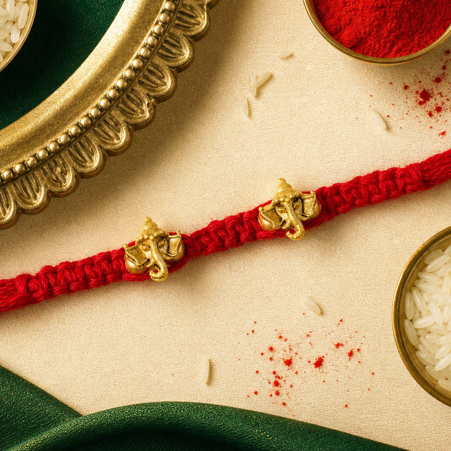 Red Thread Rakhi with Twin Antique Gold Ganesha Shaped Charms