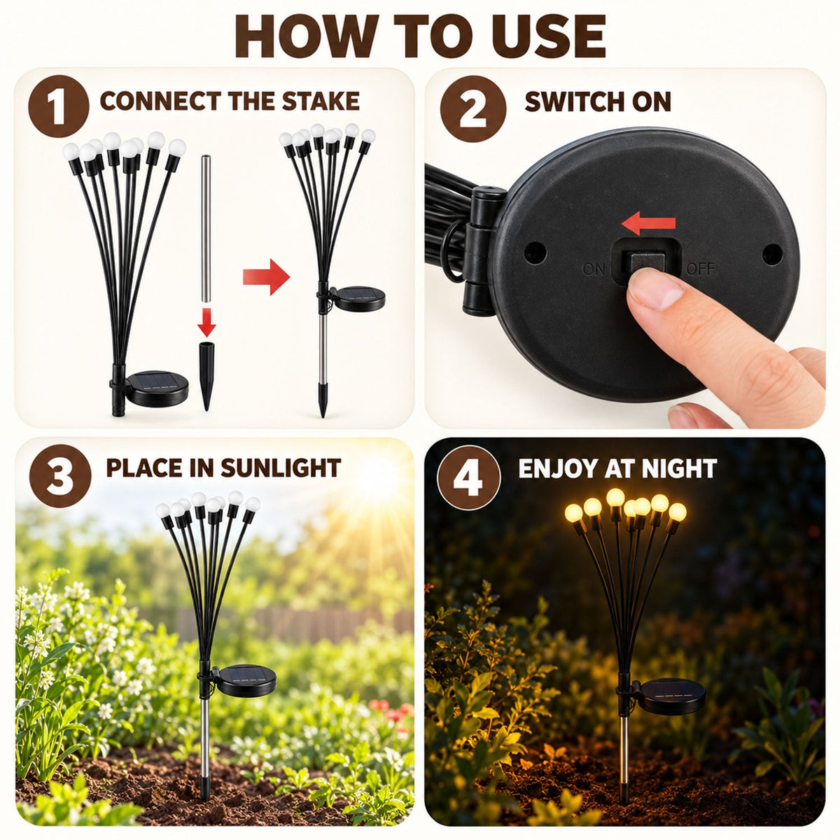 A four-step guide on how to use the solar firefly light: connecting the stake, switching it on, placing it in sunlight, and
