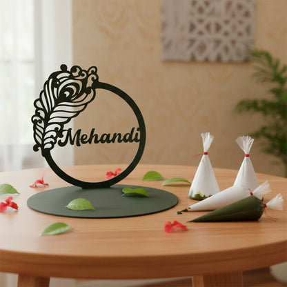Mehendi Ceremony Tabletop Sign with Peacock Motif Elegant Wedding Decor Accent