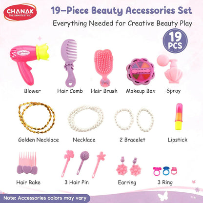 A display of 19 beauty accessories including a toy hair dryer, comb, brush, makeup box, spray, and various jewelry items.