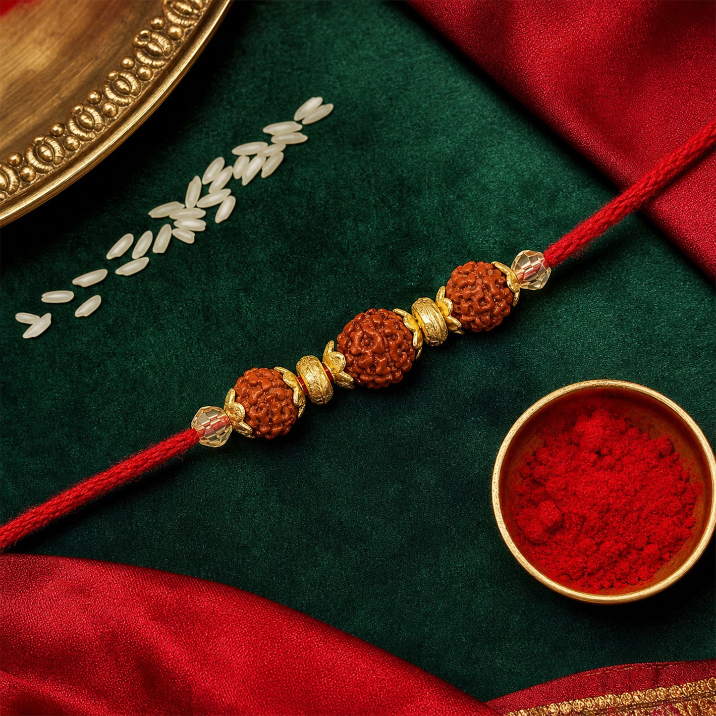 Red Thread Rakhi with Triple Natural Rudraksha Bead Pendant