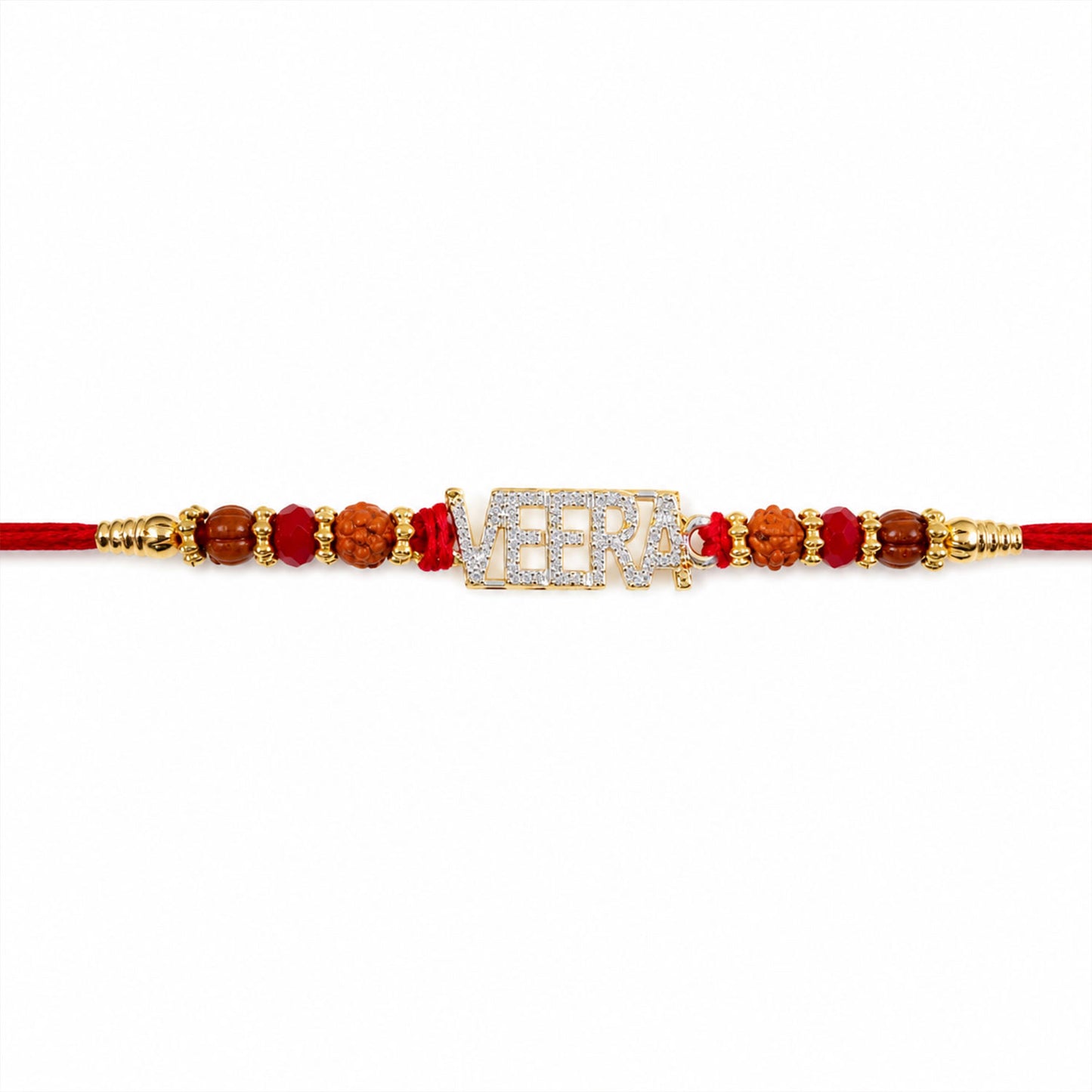 Veera Name Golden Designer Rakhi with Red Stones, Pearl Accents and Festive Beads