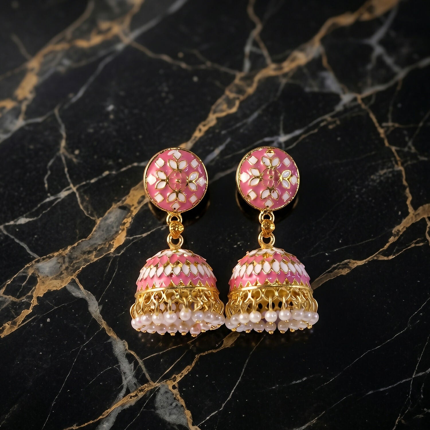 Festive Pink Round Stud Jhumka Earrings with Pearl Hanging