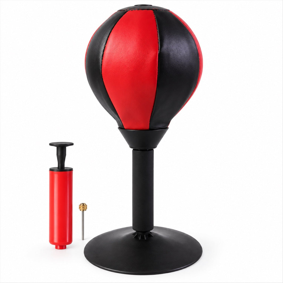 A red and black desktop punching ball with a black stand, a red hand pump, and a silver needle on a white surface.