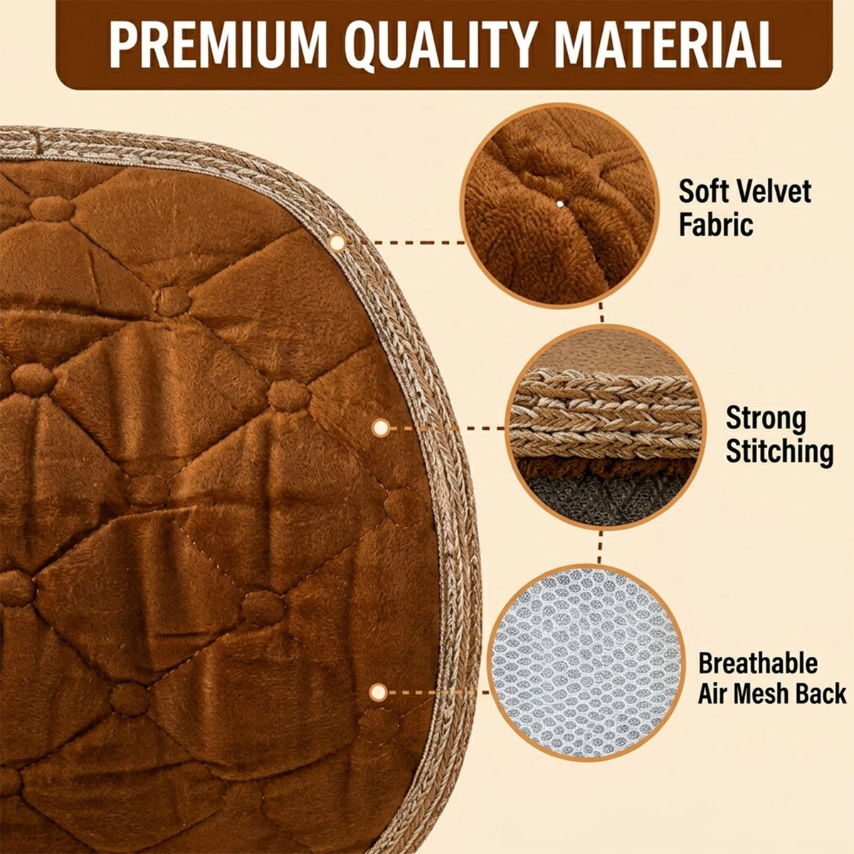 Close-up of the brown quilted velvet cushion with callouts for soft velvet, strong stitching, and breathable mesh.