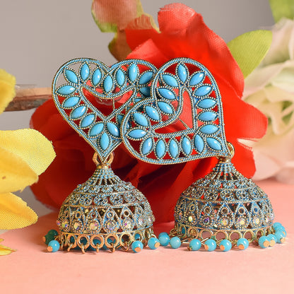 Heart-Shaped Blue-Coloured Jhumka Earrings with Elegant Detailing