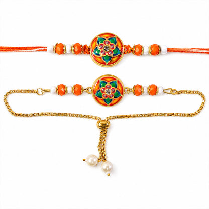 Round Meenakari Floral Mandala Crystal Pearl Beads Bhai Bhabhi Rakhi Lumba Set