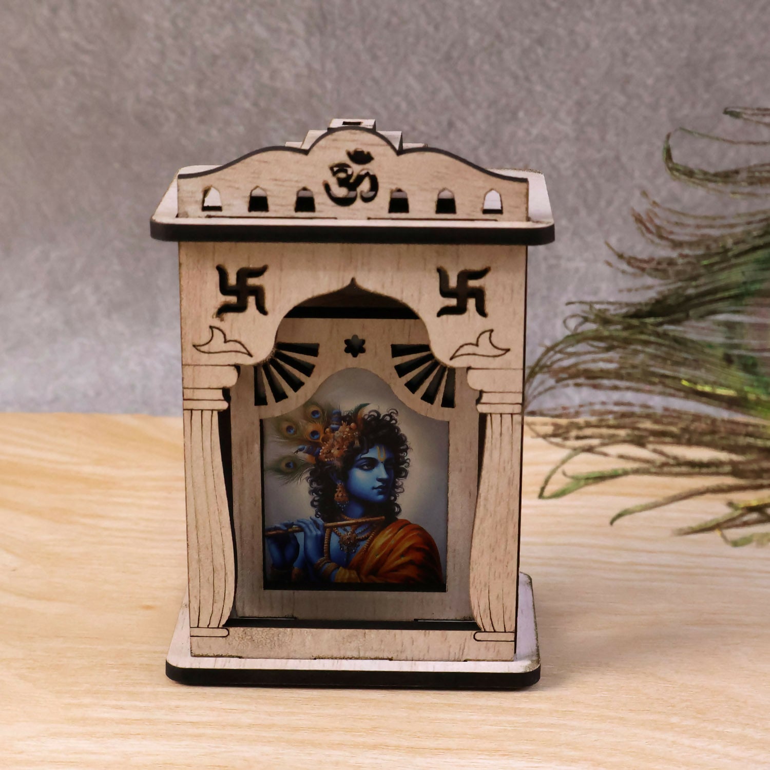 Wooden Krishna Mini Temple with Printed Image & Adhesive Base – Tabletop Mandir