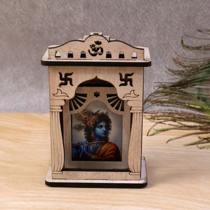 Wooden Krishna Mini Temple with Printed Image & Adhesive Base – Tabletop Mandir