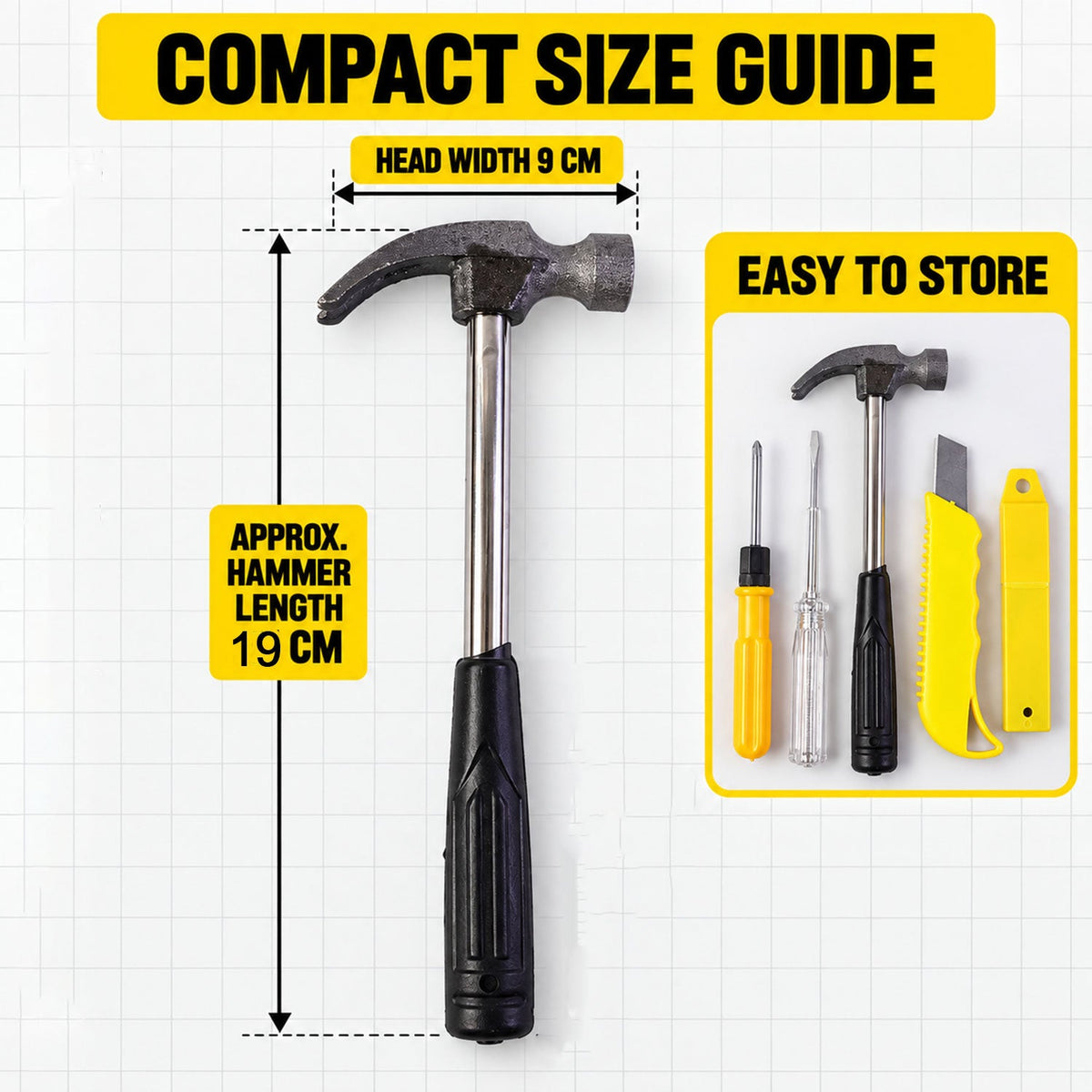 A hammer with a black handle and silver head is shown with its length and head width measurements, next to a packaged tool