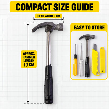 A hammer with a black handle and silver head is shown with its length and head width measurements, next to a packaged tool