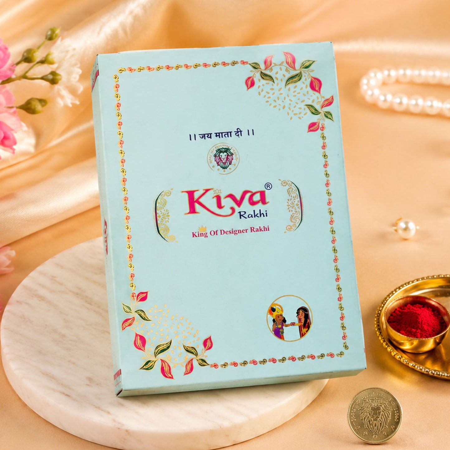 Oval Pink Stone Filigree Rakhi with Red Thread, Roli Chawal Coin and Gift Box Packing