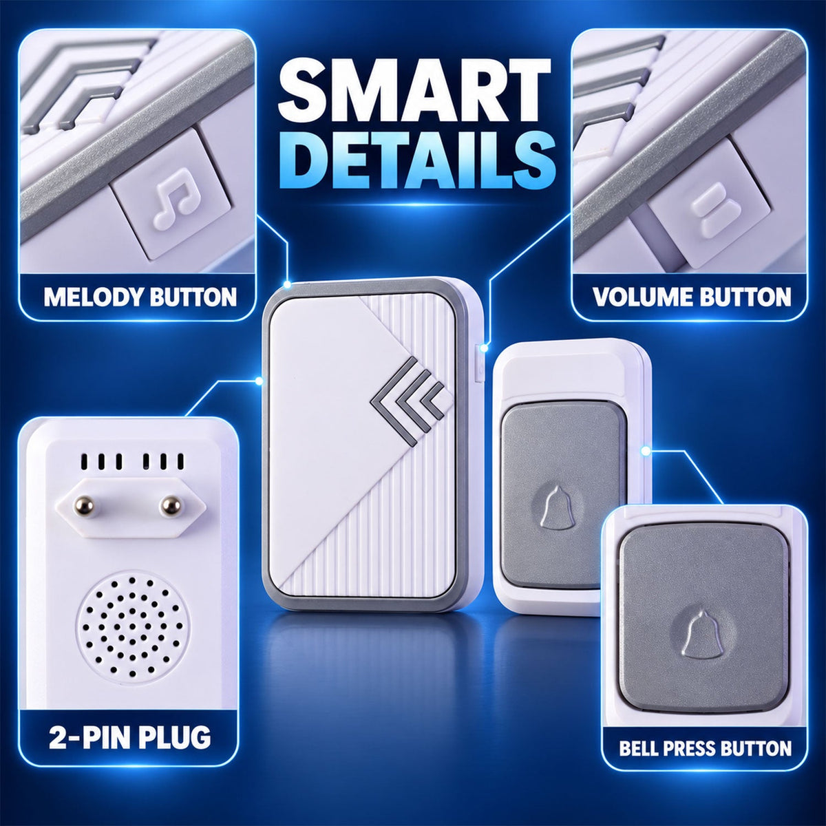 Plug In Wireless Doorbell with Push Button, Melody & Volume Control (1 Set)