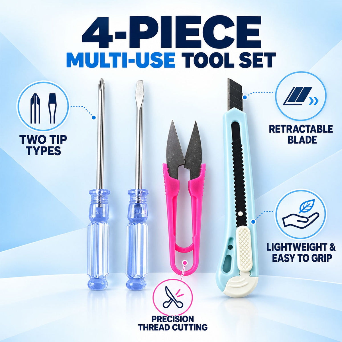 A 4-piece multi-use tool set with two screwdrivers, pink thread snips, and a light blue utility knife on a gradient