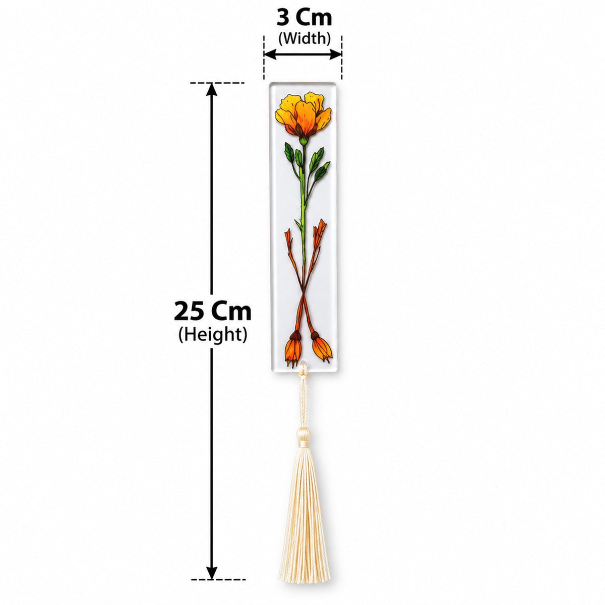 A single transparent bookmark with a yellow flower design and a cream tassel, showing its dimensions.