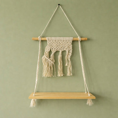 Macrame Hanging Wooden Shelf Wall Decor Display Rack with Rope