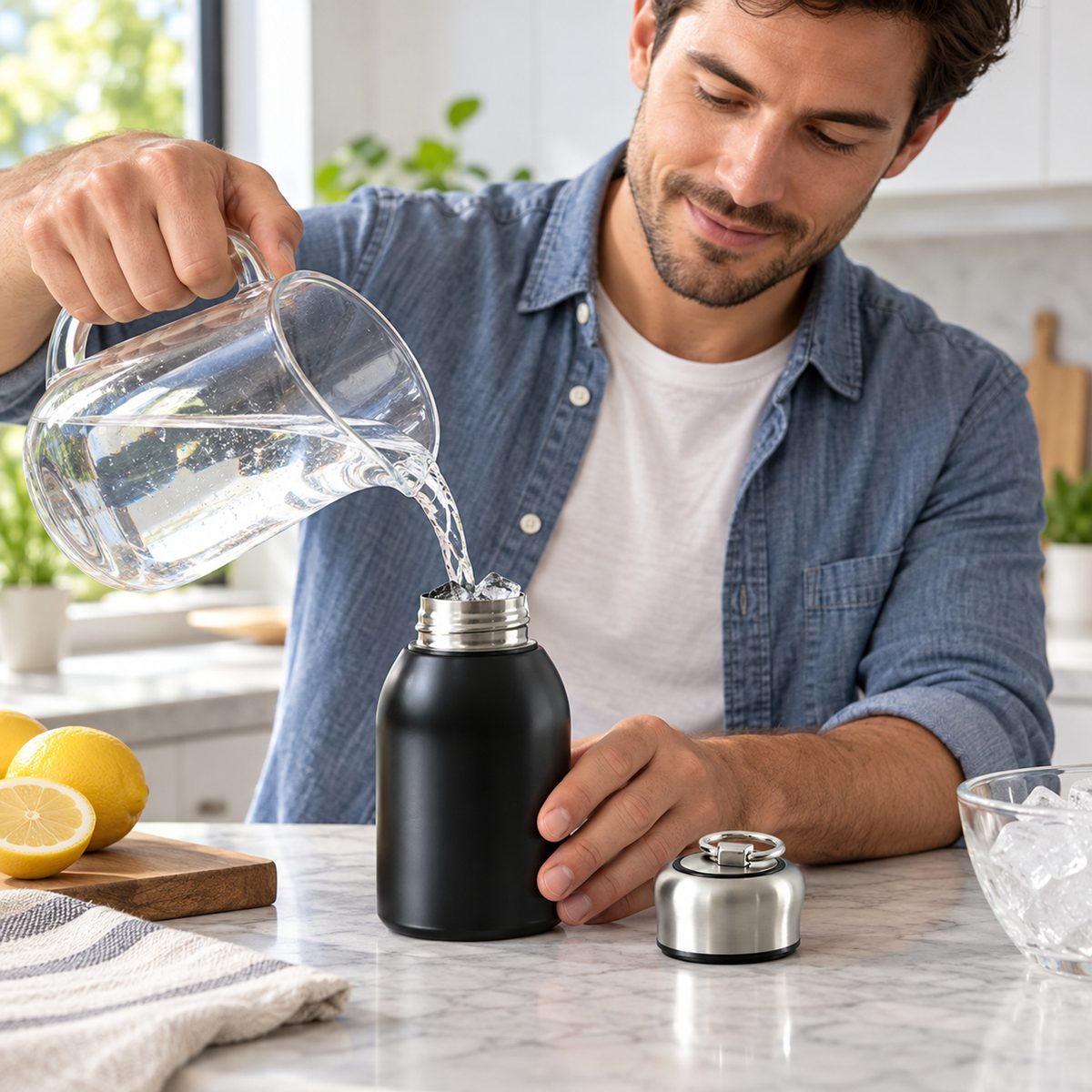 A man pours water from a glass pitcher into an open black vacuum bottle on a white marble countertop.