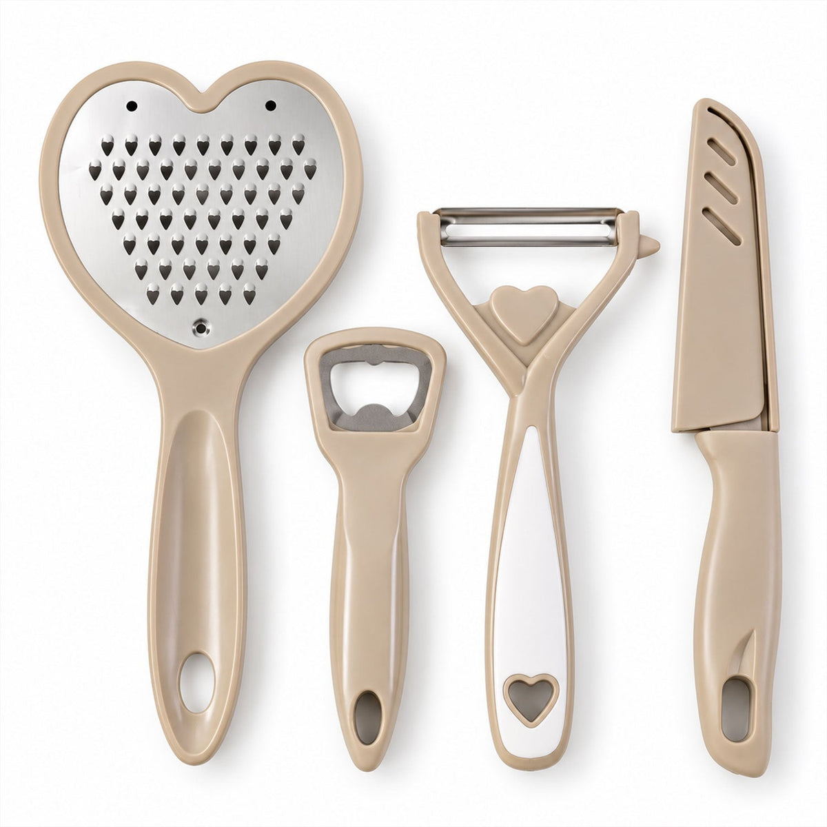 The four beige kitchen tools are displayed in a line on a plain white background, highlighting their simple design.
