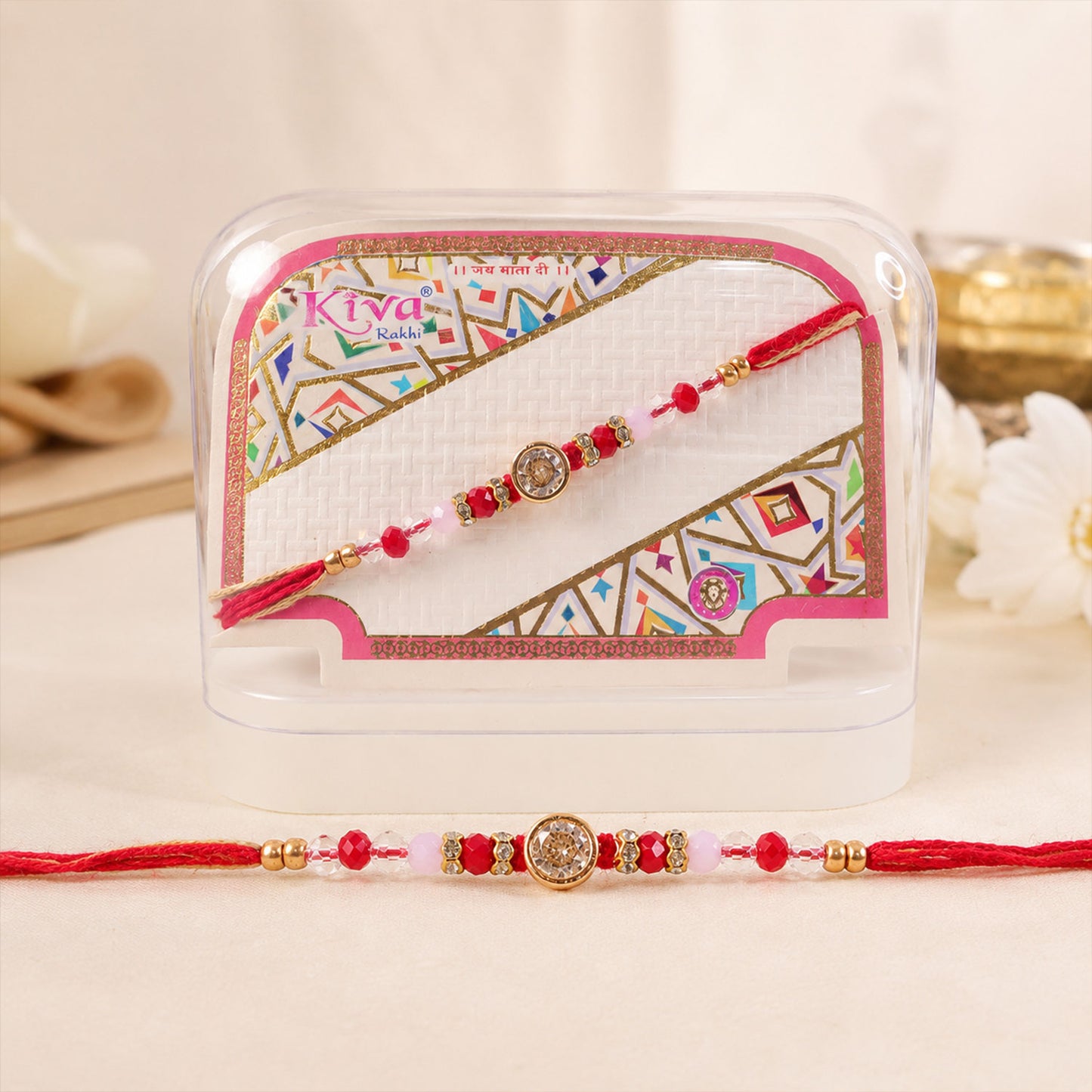 Sparkling AD Round Flower Designer Rakhi for Brother, Crystal Beads Gift