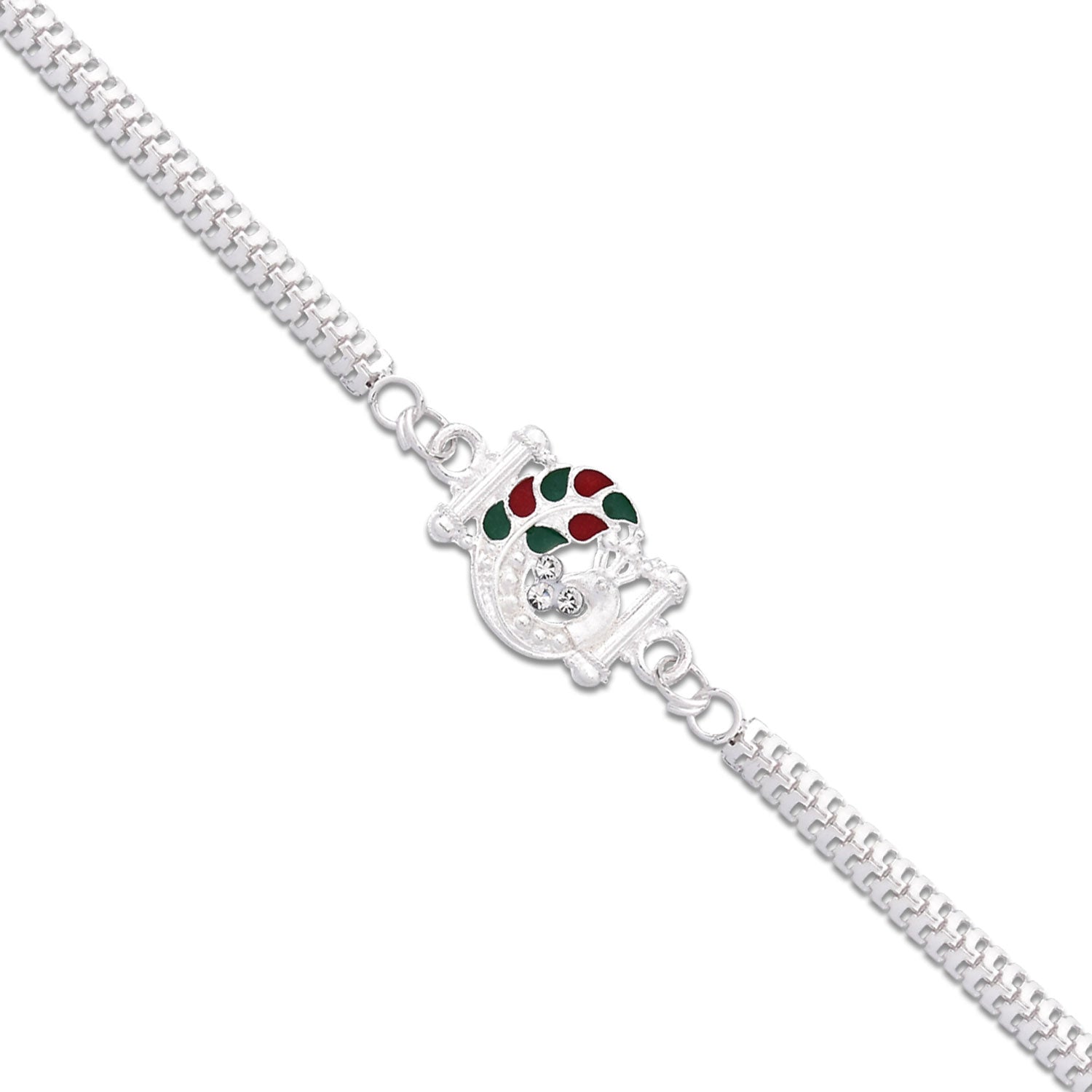 Silver Mor Peacock Meenakari Enamel Crystal Chain Rakhi (5pcs)