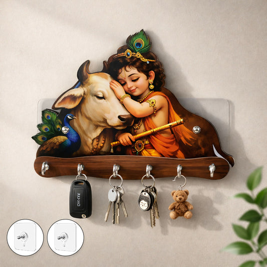 Baby Krishna with Cow Wooden Wall Key Holder – 5 Hooks Organizer
