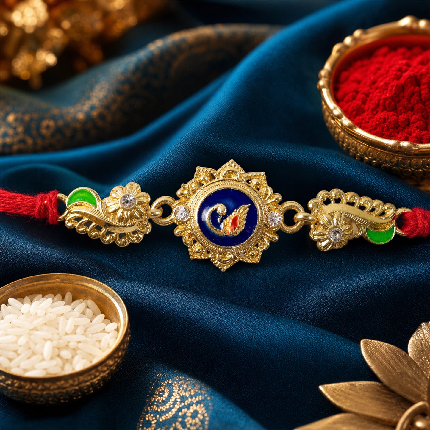 Ornate Rakhi showcasing Blue Oval Medallion, metal trims and chain look for Gift Use