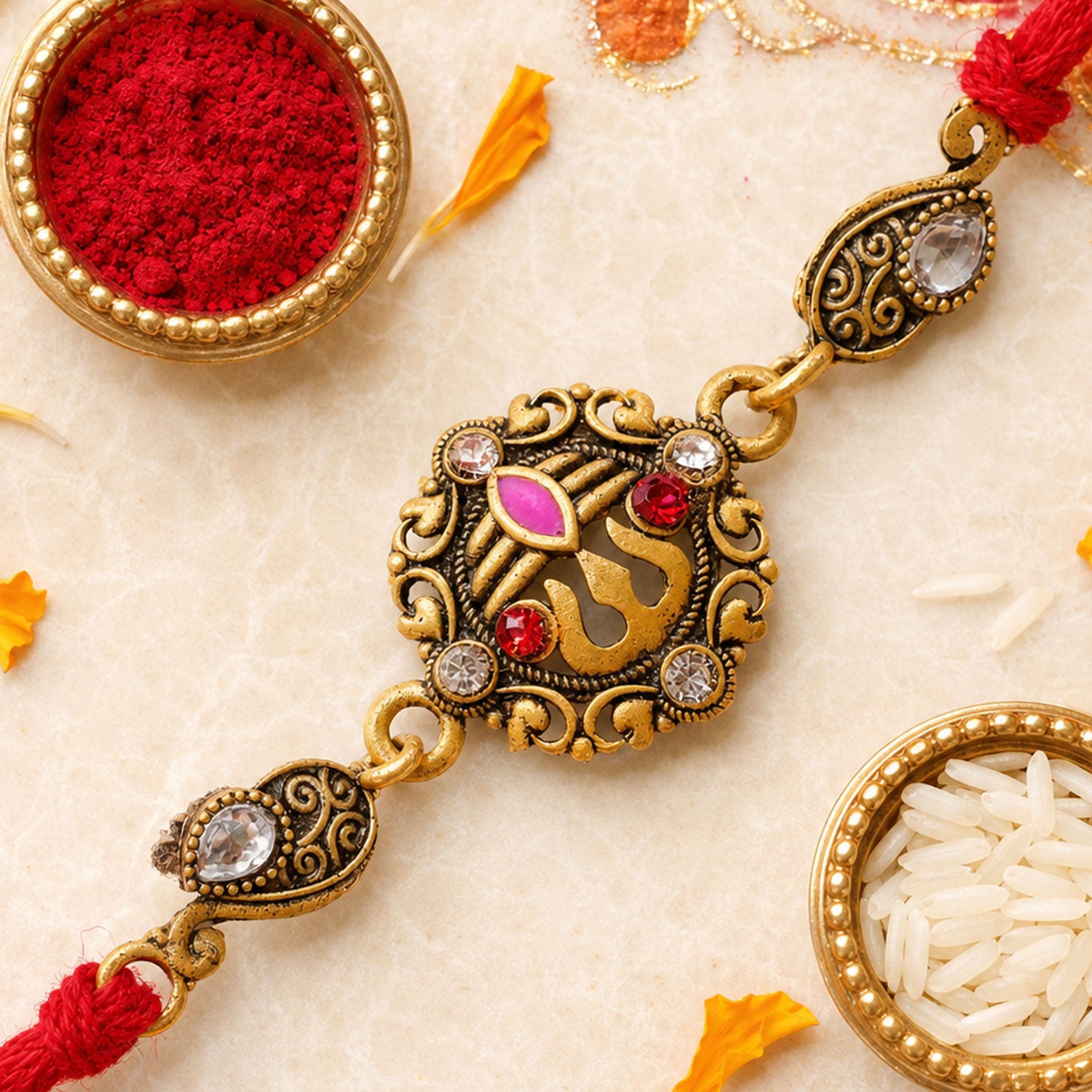 Premium Rakhi showcasing Ornate Floral Medallion, gold trims and gift style for Gift