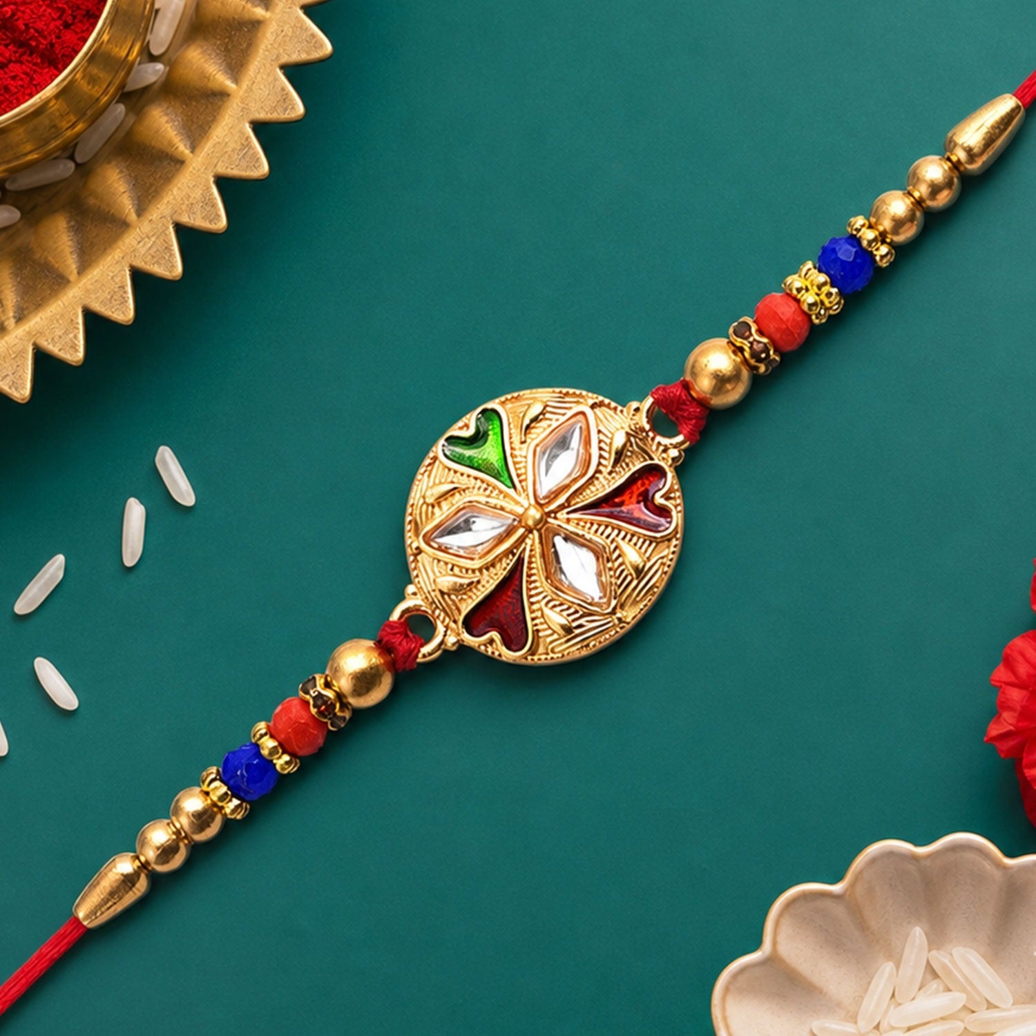 Floral Rakhi with Mirror Work Colorful Beads on Red Thread (10pcs)