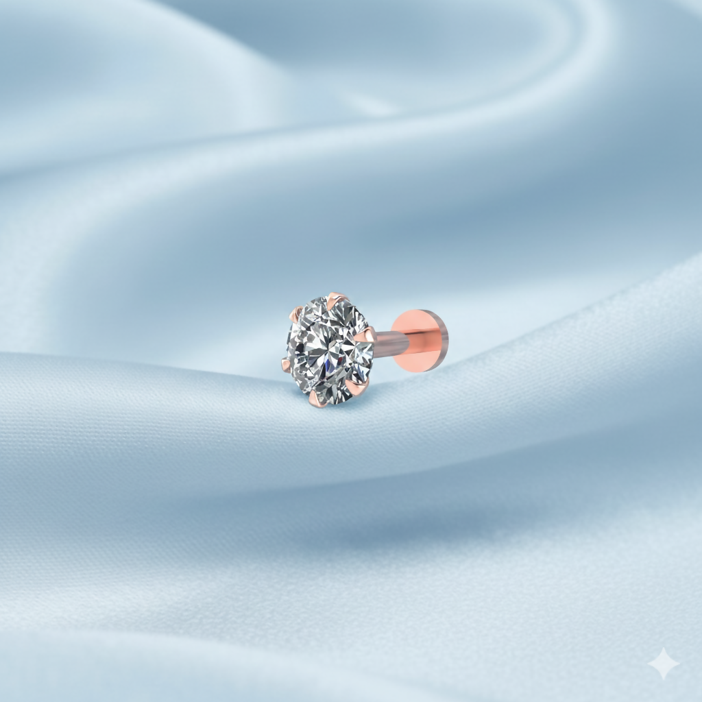 Close-up of rose gold diamond nose stud showcasing the 6-prong setting