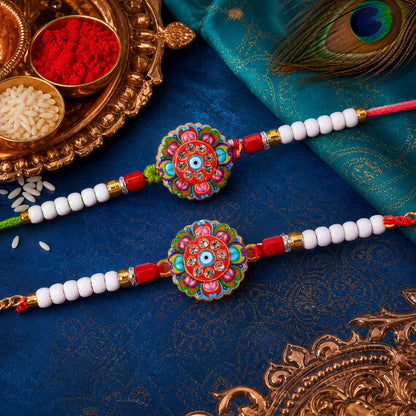 Round Floral Evil Eye Crystal Pearl Beads Bhai Bhabhi Rakhi Set
