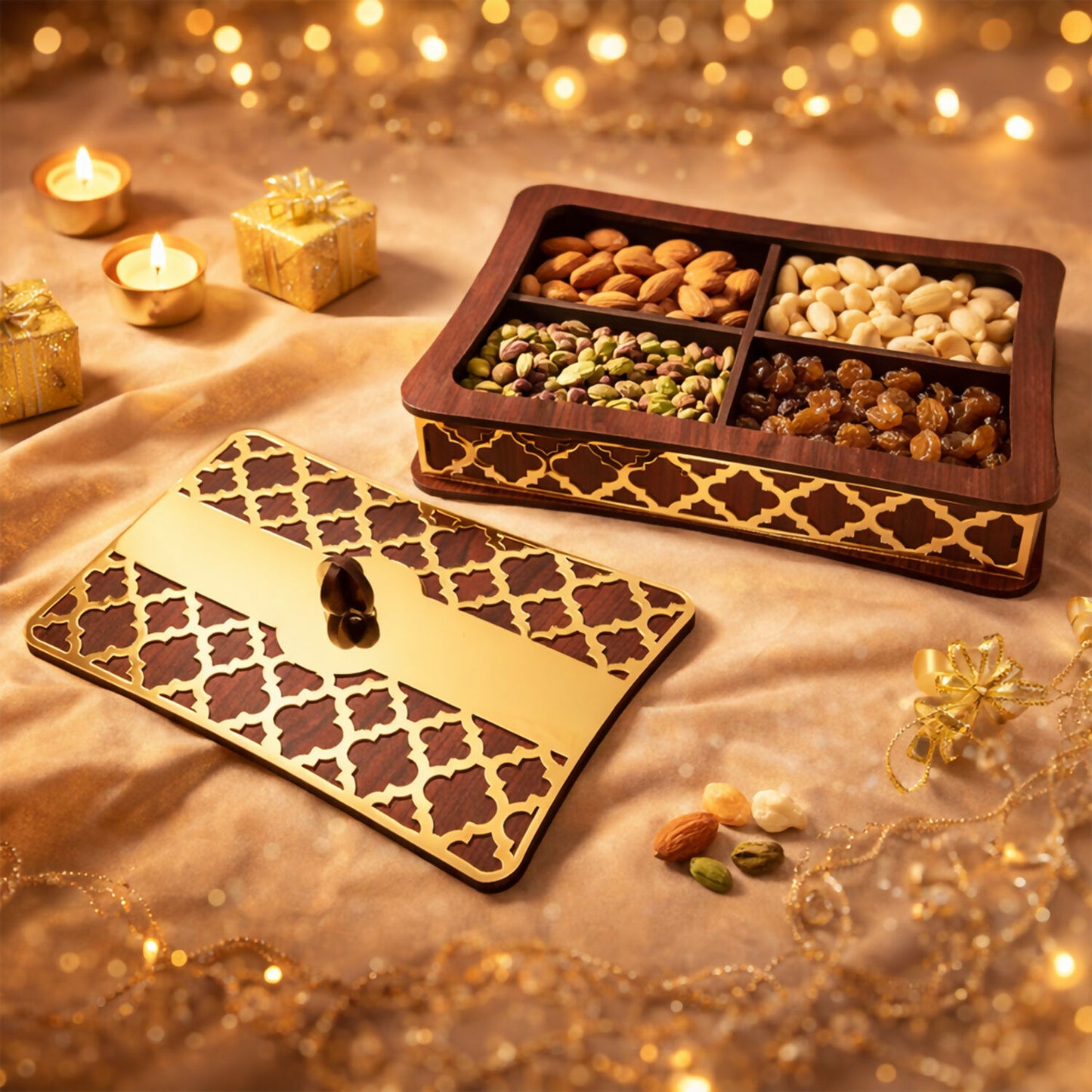Open dry fruit storage box displaying separate sections filled with assorted nuts