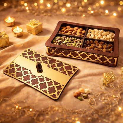 Open dry fruit storage box displaying separate sections filled with assorted nuts