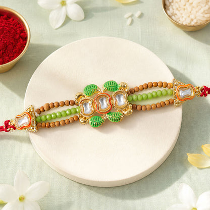 Traditional Triple Kundan & Green Leaf Motif Rakhi with Wooden & Green Beaded Strand