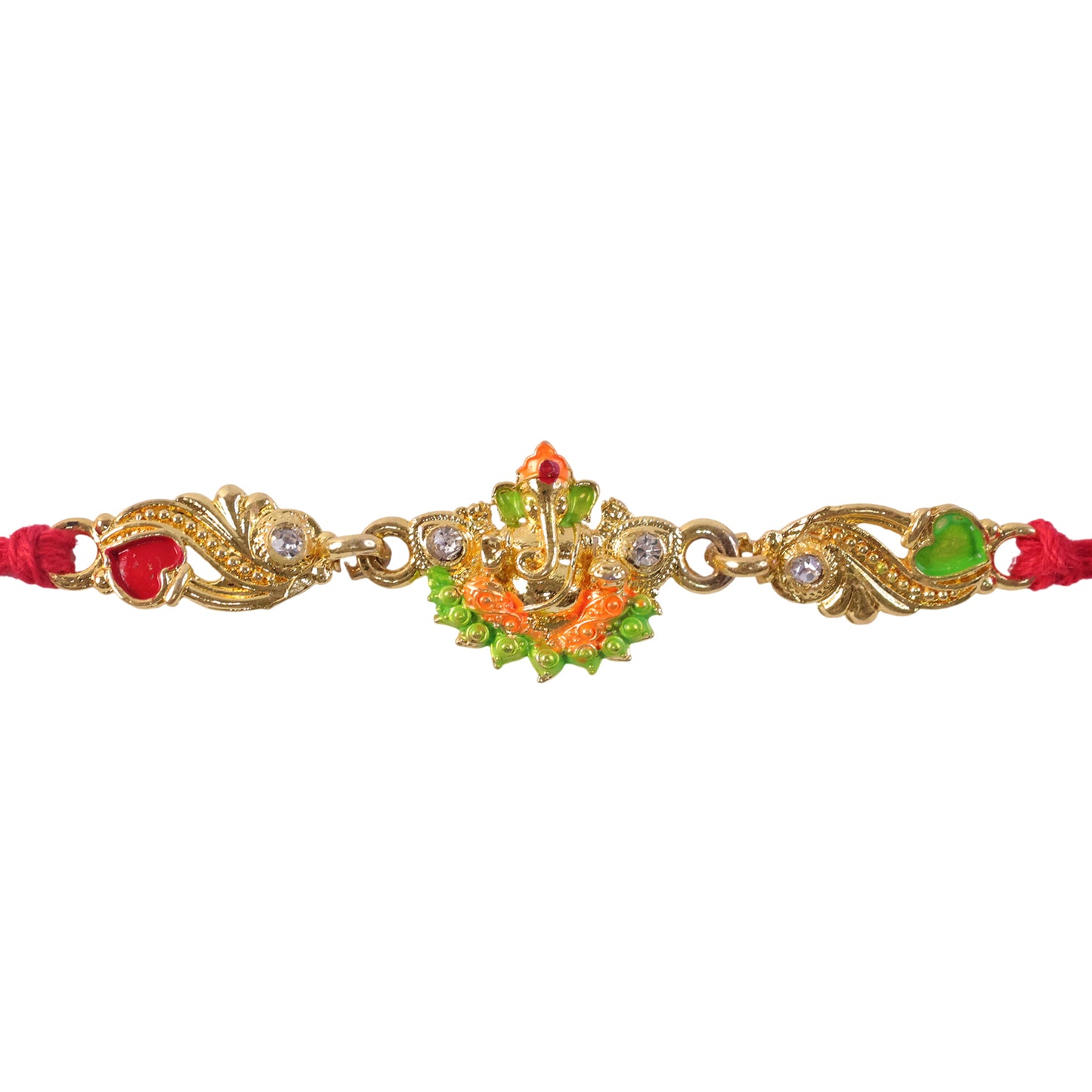 Gold-Toned Lord Ganesha Rakhi with Orange-Green Enamel, Crystal Accents & Red Thread