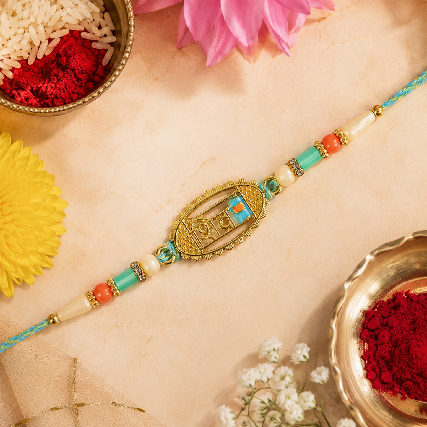 Shiv Script Pendant Rakhi with Teal and Orange Beads
