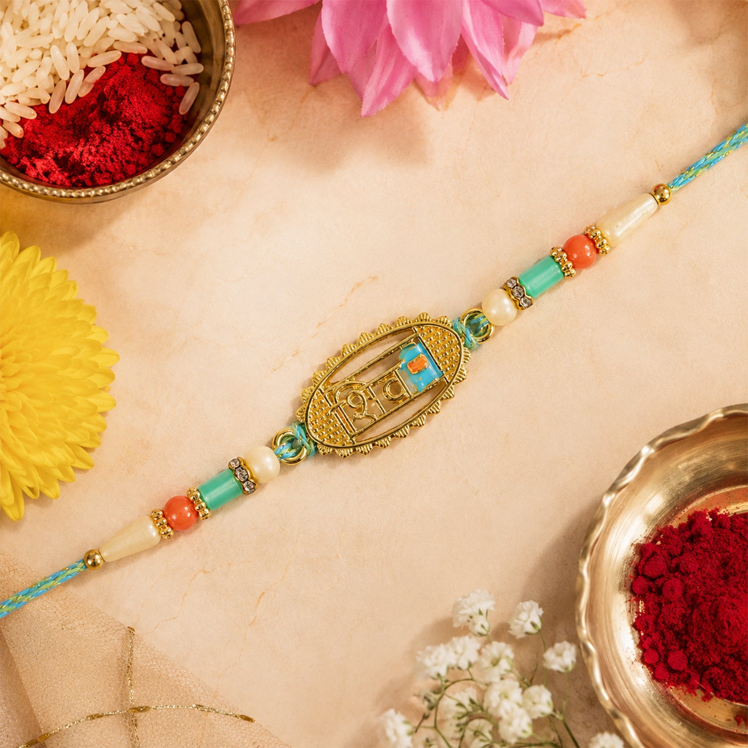 Shiv Script Pendant Rakhi with Teal and Orange Beads