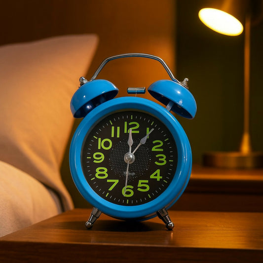 Vintage Blue Twin Bell Alarm Clock for Bedside, Loud Ringing Clock for Home