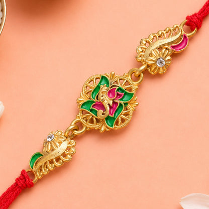 Premium Rakhi showcasing Floral Medallion, crystal accents and chain look for Gift