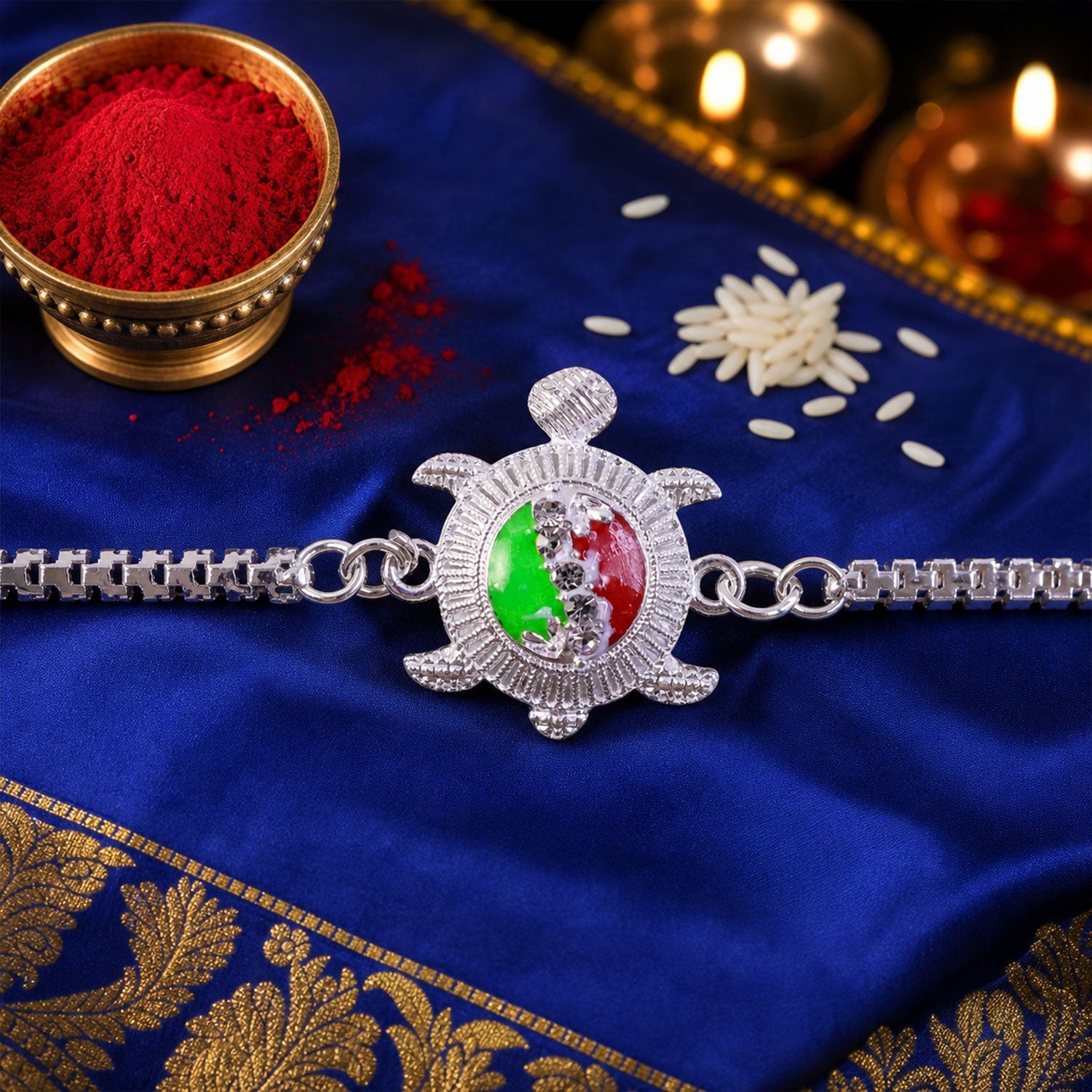 Turtle Rakhi for Brother Silver Enamel Chain Design (5pcs)