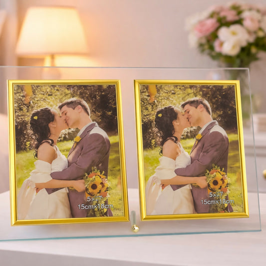 Double Photo Frame with Glass Stand for Table, Home Décor & Gifting