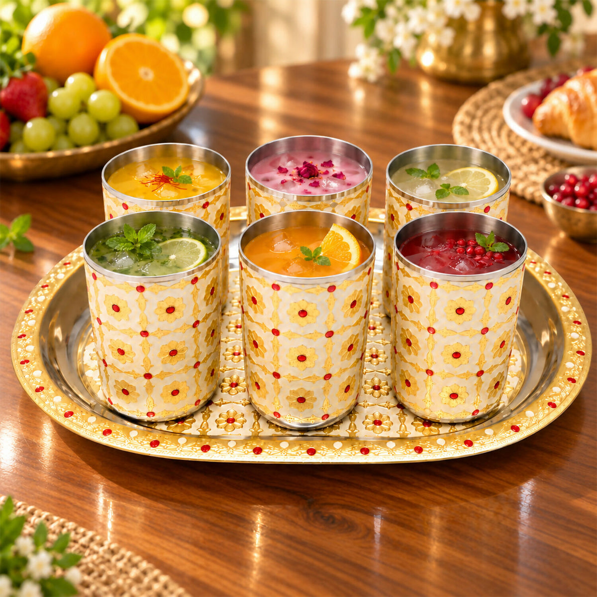 Six stainless steel glasses filled with colorful beverages, garnished with fruit and mint, on an oval tray.