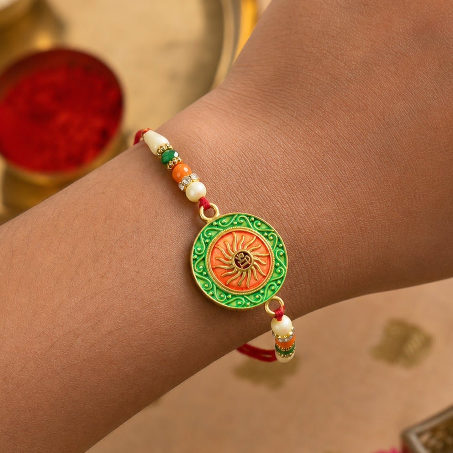 Round Shree Motif Designer Rakhi with Beaded Festive Detailing Work (5pcs)