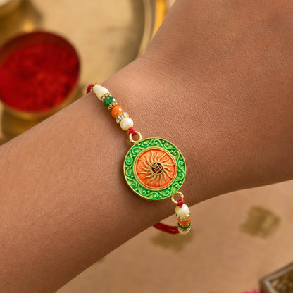 Round Shree Motif Designer Rakhi with Beaded Festive Detailing Work (5pcs)