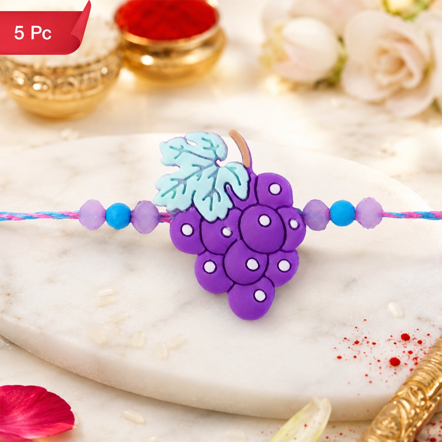 Shop Grape Bunch Charm Kids Beaded Designer Rakhi for Brother (5pcs)