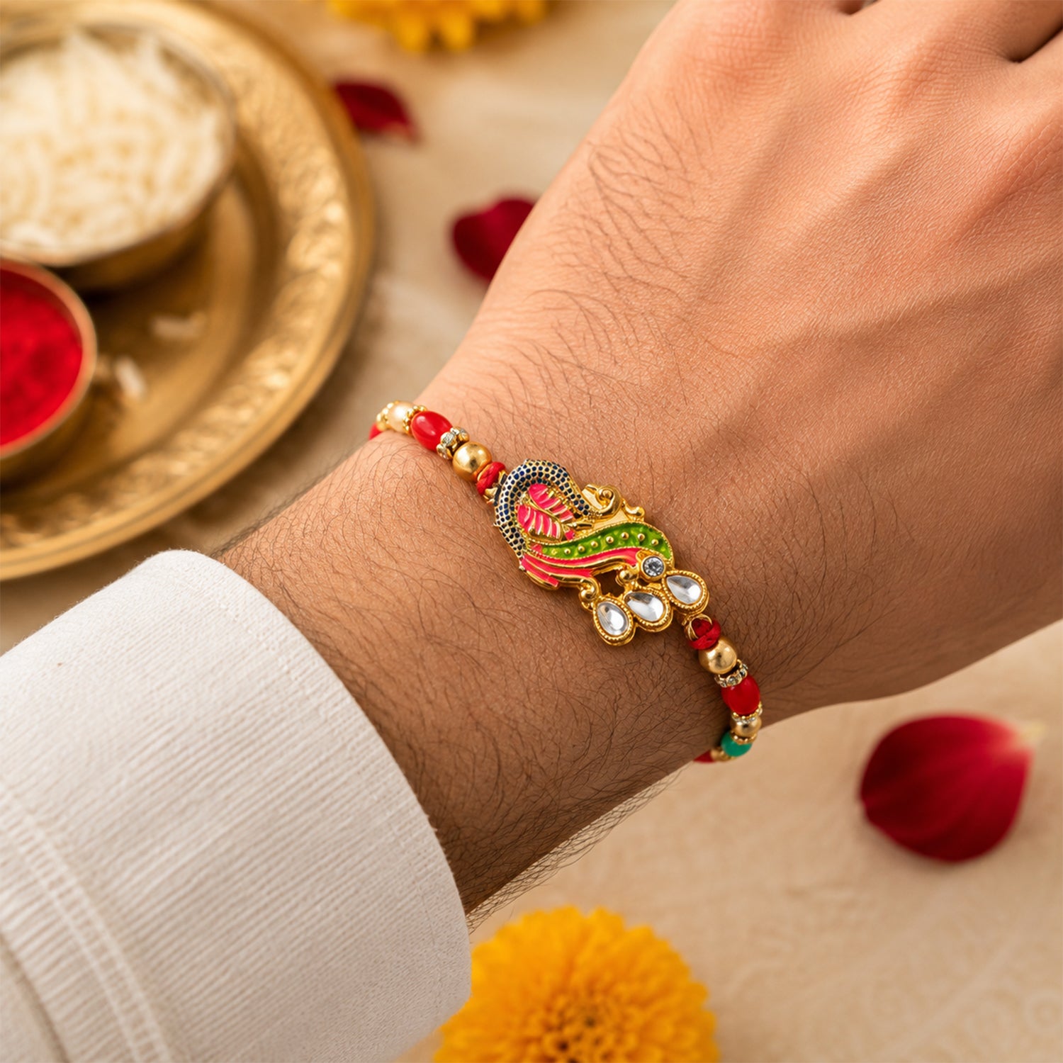 Enamel Peacock Pendant Rakhi with Red and Green Beads